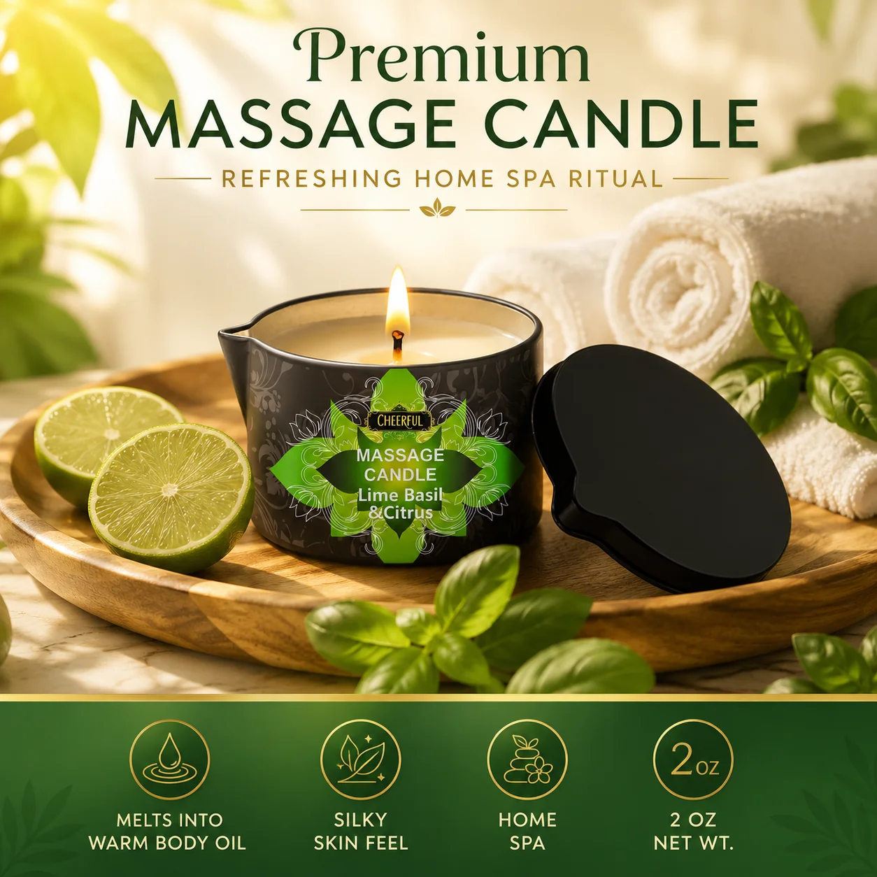 Lime Basil Citrus Massage Oil Candle 2oz Body Massage Candle Melts Warm Body Oil Moisturizing Aromatherapy Home Spa Gift For Her