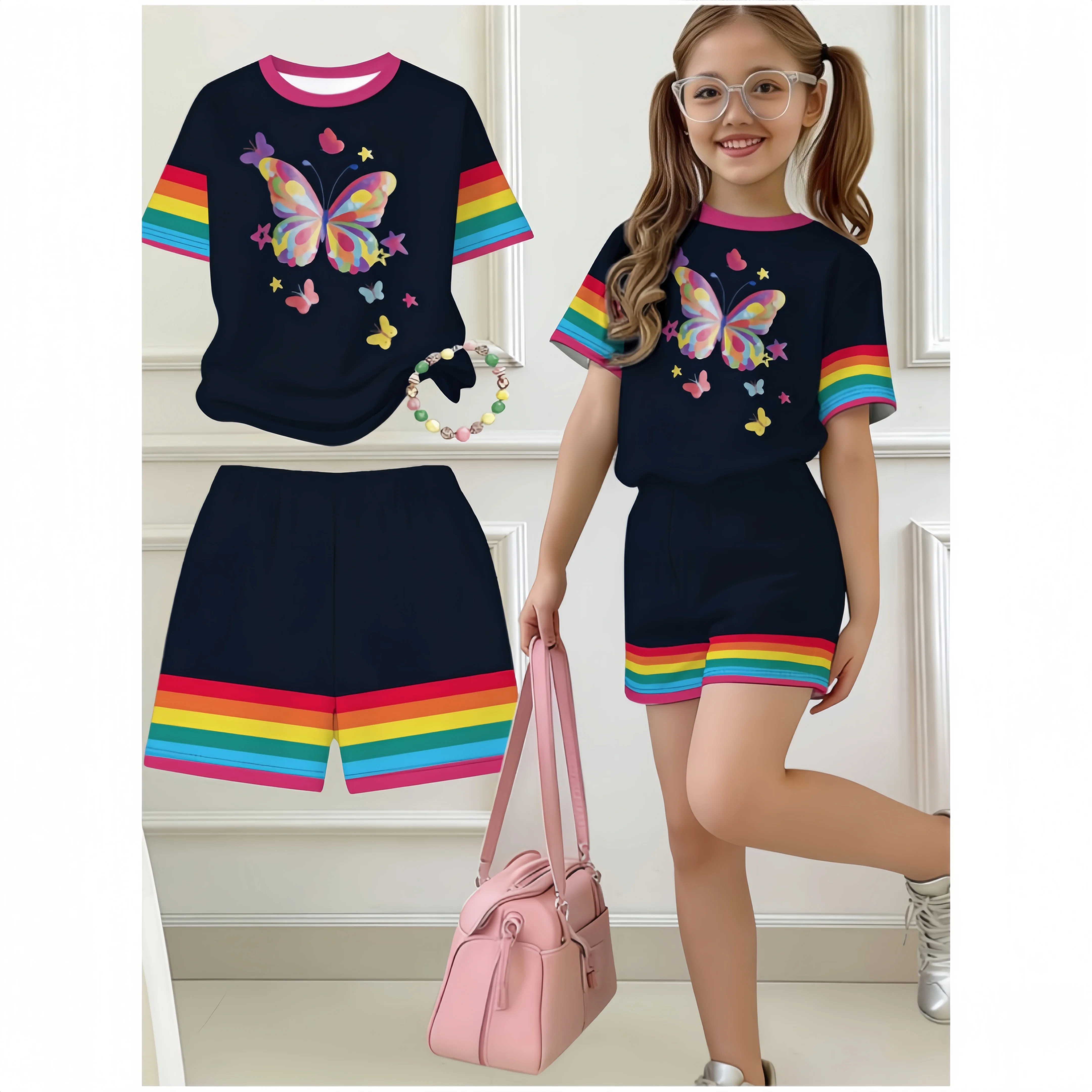 Girls Co‑Ord Set Vibrant Butterfly Graphic Short Sleeve Tee and Rainbow Striped Hem Shorts for Kids Summer Casual Daily Clothing