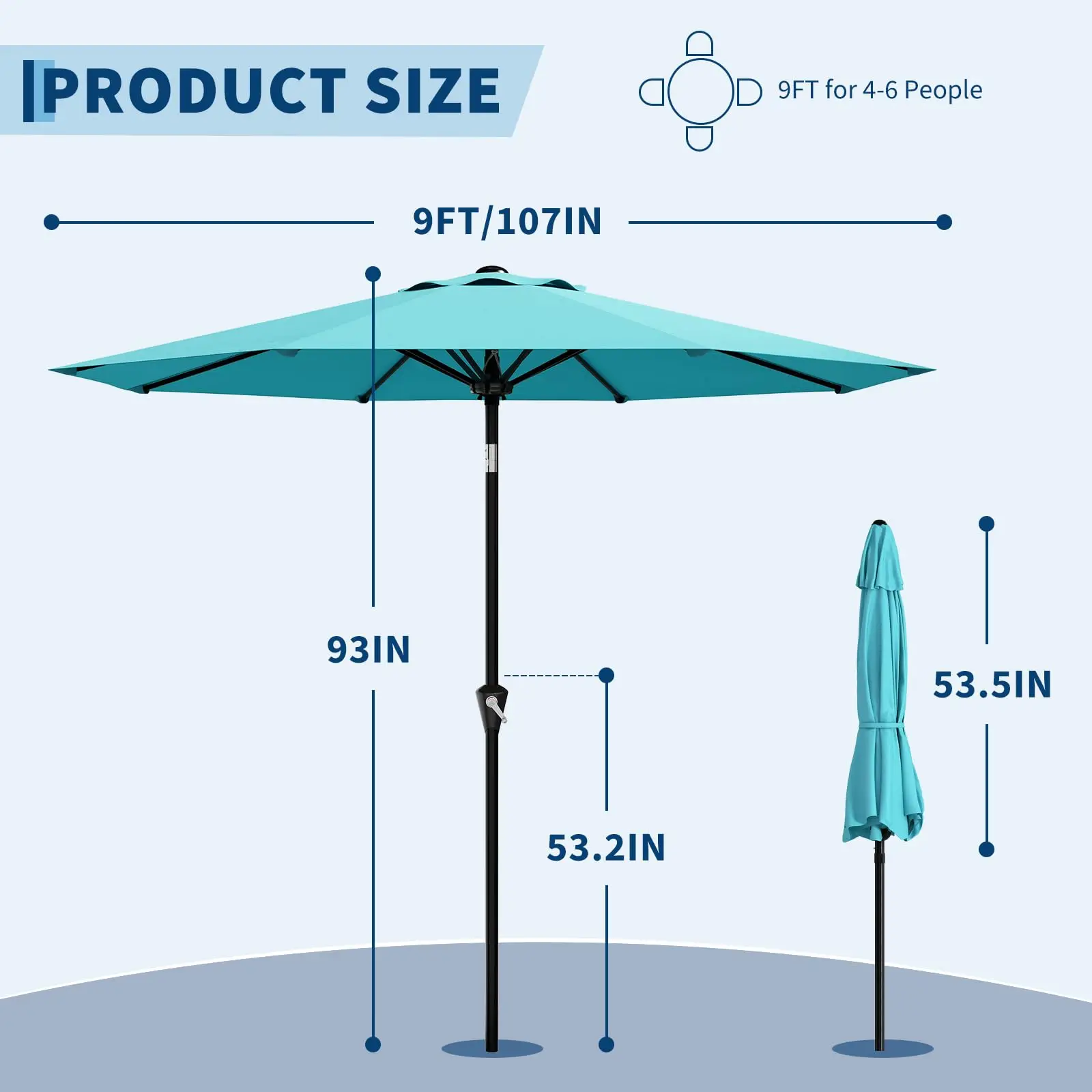9FT Umbrella Outdoor Patio, Table Umbrella with Push Button Tilt and Crank, 8 Sturdy Ribs Waterproof UV Protection for Garden, Pool, Deck, Backyard, Market (Sky Blue)