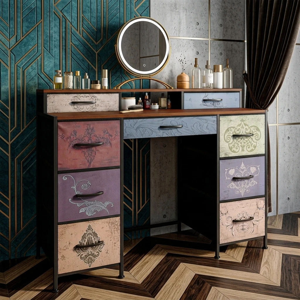 MINGZHE Mesa de tocador sin espejo, Mueble de almacenamiento, Escritorio de tocador, Mesa de maquillaje con 9 cajones, estantes, diseño de doble capa, Marrón