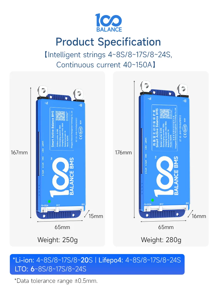 100BALANCE 40-150A Smart active balance  bms Lifepo4 BMS CAN 4s 8S 8-17S 8-24S Battery Bluetooth Li-ion 60A100A