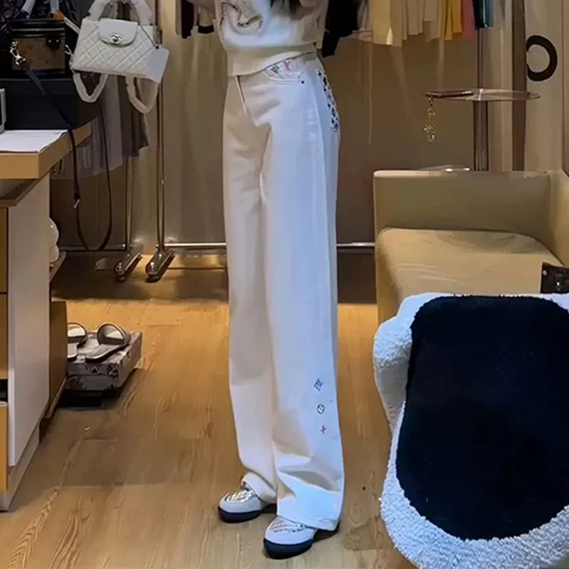 Women's White Chic Embroidered New Straight Jeans 2000s Y2k Korean High Waisted Loose Wide Leg Floor-Mopping Pants Casual Pants