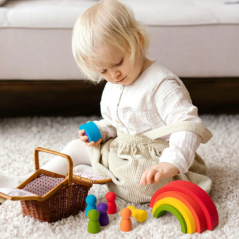 Bloco de construção de arco-íris geométrico de silicone, mordedor de silicone sem bpa para bebês, brinquedos educativos montessori, bloco de empilhamento, presentes para bebês