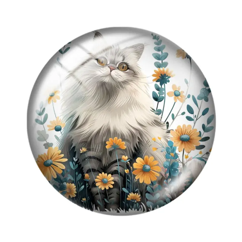 Simpatico gatto soffice in fiore Patch 12mm/14mm/16mm/18mm/20mm/25mm Foto rotonda cabochon in vetro con retro piatto Creazione di risultati per Pin Neckl