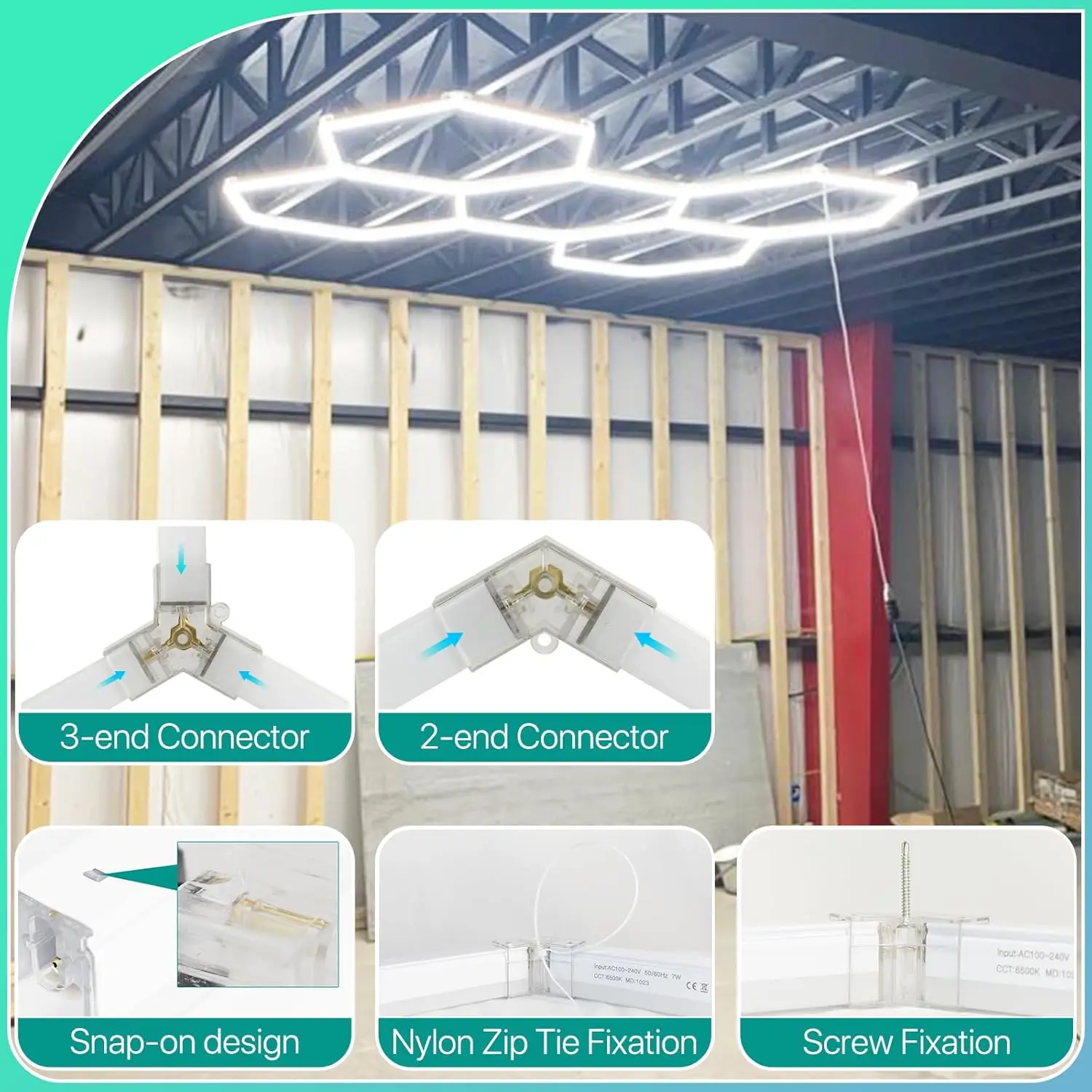 Plafonnier LED hexagonal pour garage 220V 50000H Longue durée de vie, éclairage pour atelier industriel, atelier de détail automobile