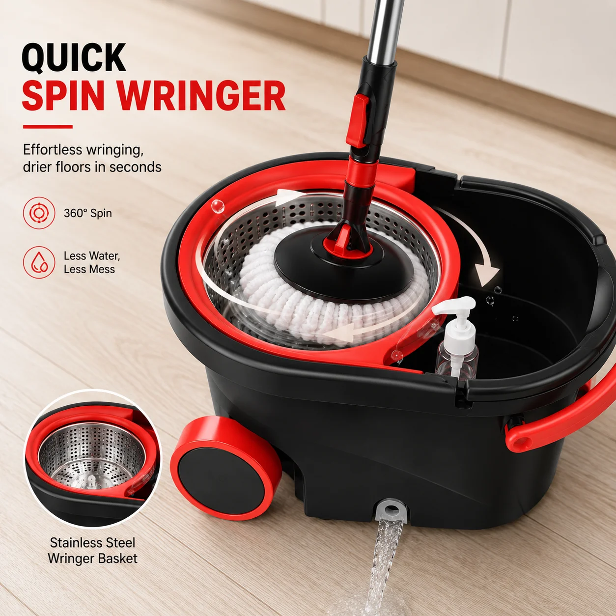 Spin Mop and Bucket Set, Floor Cleaning System with Wringer, Microfiber Mop and Rolling Bucket for Home Kitchen Bathroom Floor Cleaning