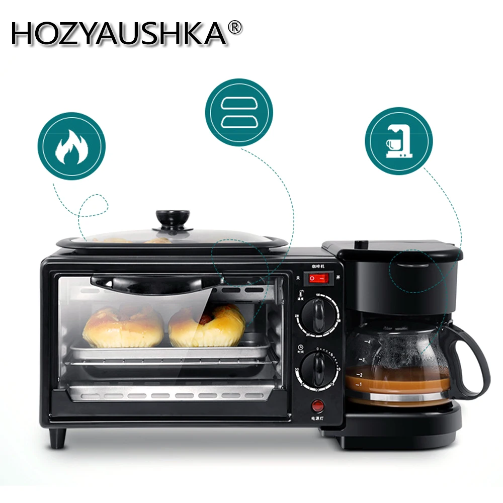 3-in-1 Breakfast Machine 600w coffee pot+750w Teppanyaki +750w oven Bread Baking Maker Bread Toaster /Fried Egg/ Coffee Cooker