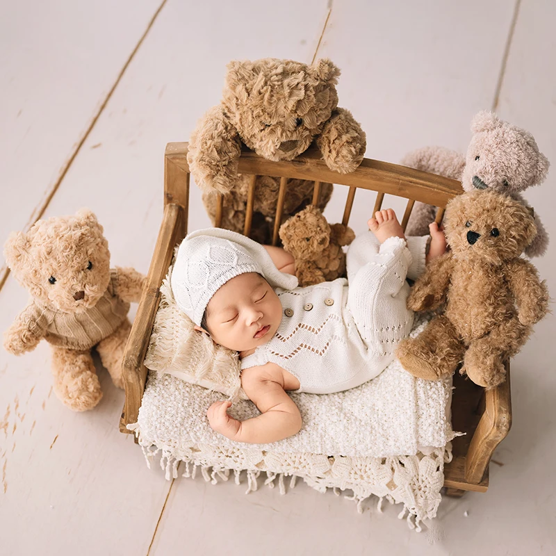 Knitted Newborn Shoot Clothing White Baby Hat Jumpsuit Set Tassel Pillow Blanket Photo Props Cute Bear Photography Decoration