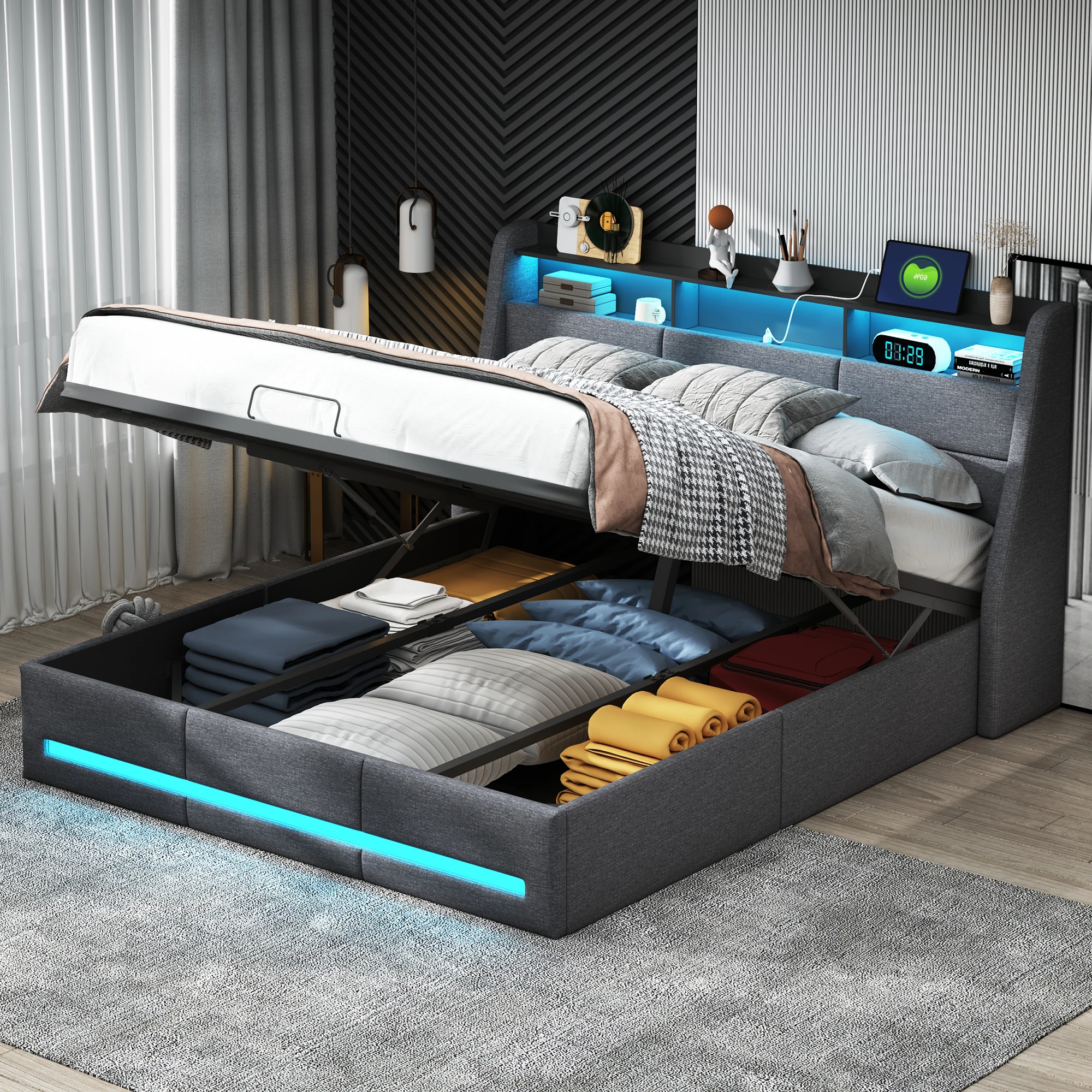 Gestoffeerd bed met opbergruimte, hydraulische liftbox, LED-hoofdeinde met USB, linnen tweepersoonsbedframe met lattenbodem, zonder matras