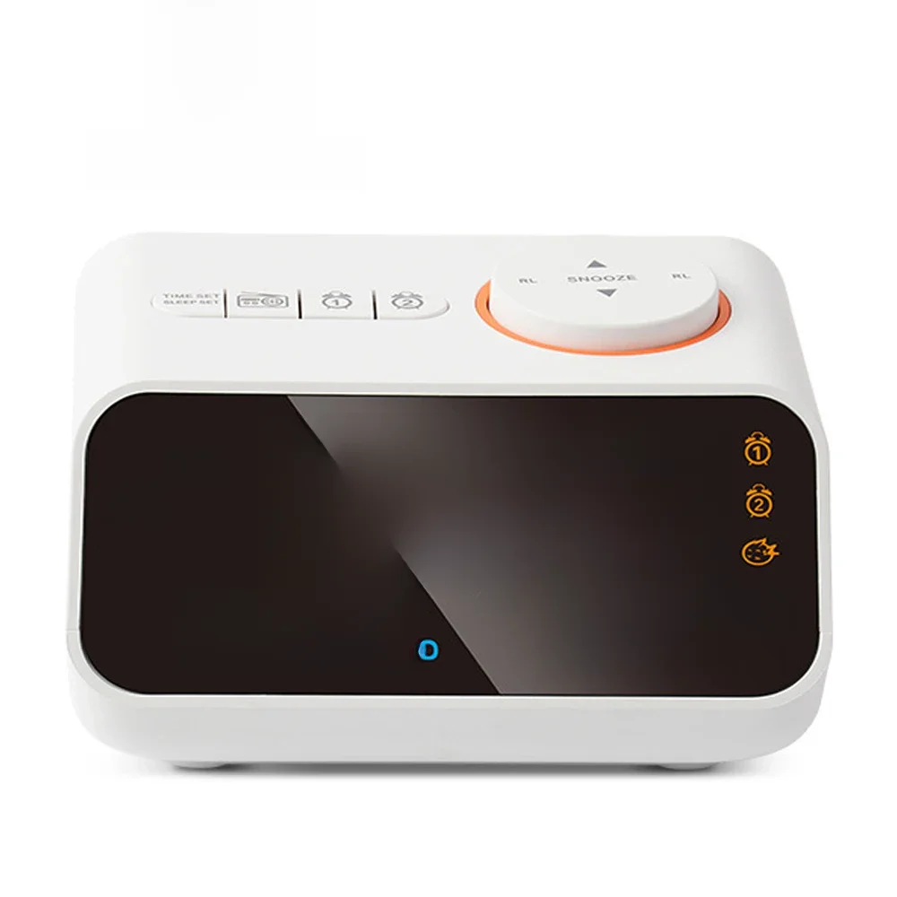 Belo despertador LED recarregável com função de rádio FM. Dois despertadores podem ser ajustados.
