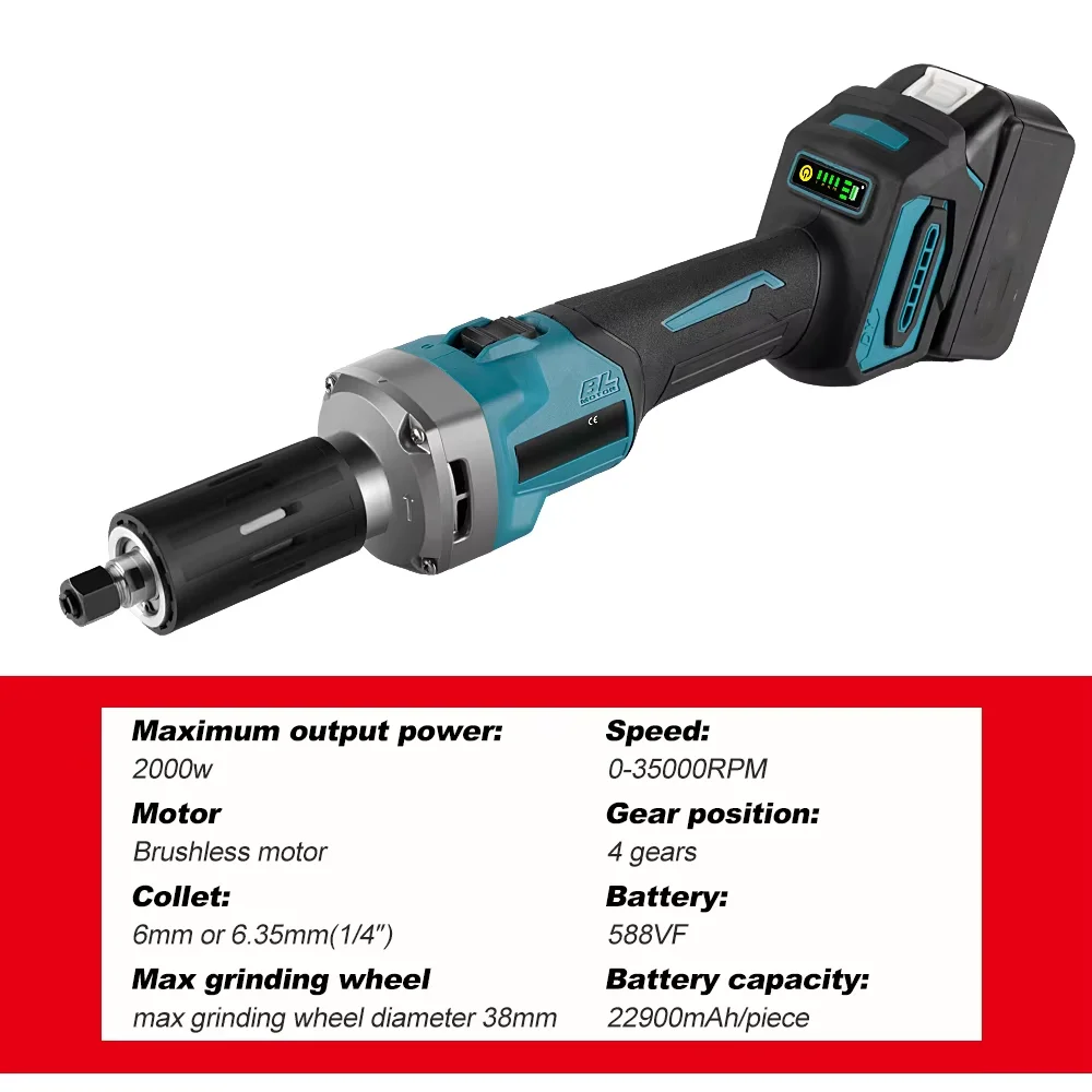 2000W 6mm Brushless Die Grinder 35000RPM Electric Cordless Angle Grinder Variable Speed Rotary Tools For Makita 18V Battery