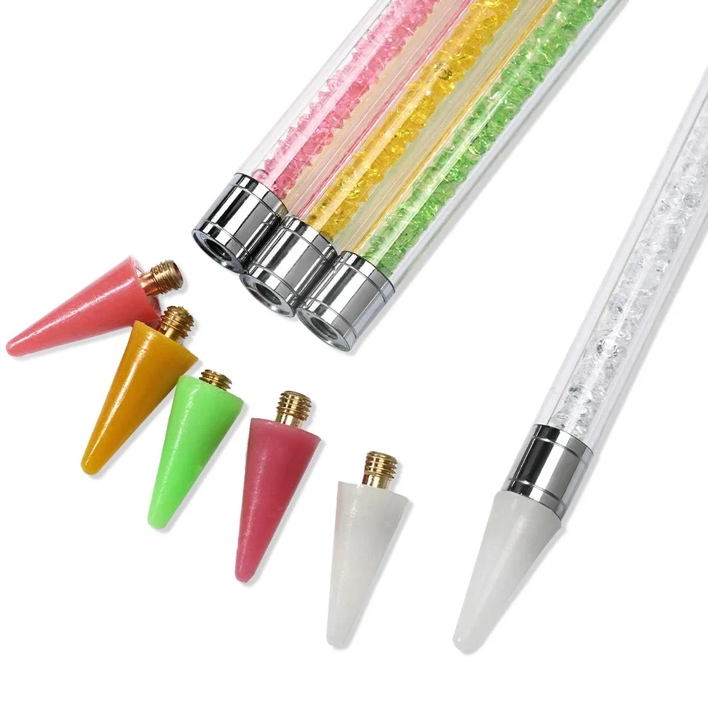 Brosse de manucure pour Nail Art, 7 couleurs, stylo de perçage à Double tête, tête en Silicone, ramasseur de strass, crayon de cire, outils de Point de peinture à points