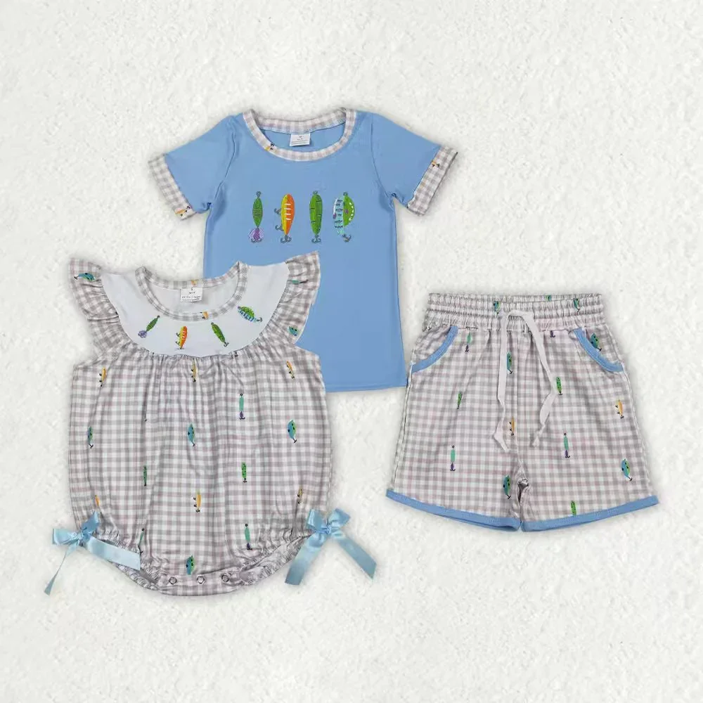 

z1216-13 BSSO1617 Wholesale Boutique kids clothes boy embroidery fishing short sleeve shorts Set Summer Children clothing