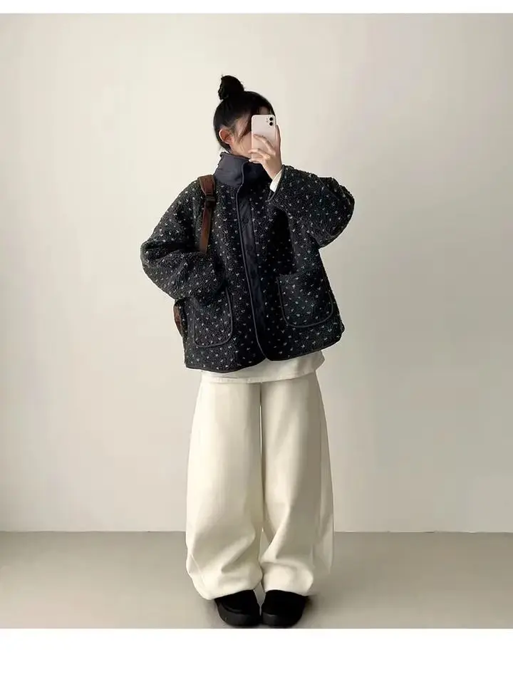 3 farben Herbst Winter Koreanische Chic Stil Woolen Jacke frauen Casual Lose Lamm Pelz Koreanischen Stil Floral Warme Mantel weibliche (hf7416)