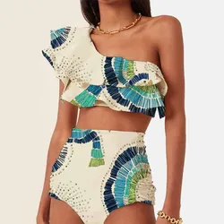 One-Shoulder Embroidered Printed Ruffled Push Up Micro Swimsuit Two Pieces Plus Tankini Women Swimming Suits Swimwear Patchwork