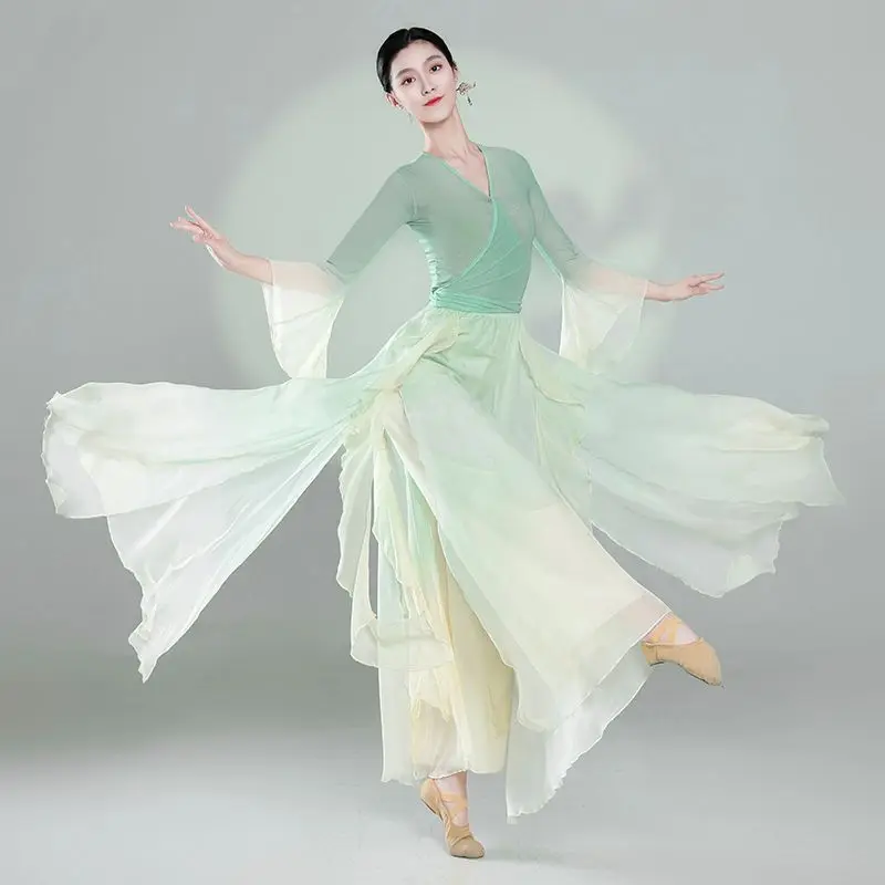 

Chinese Classical dancer performance costumes elegant cardigan practice clothes body rhyme long outer Chinese style folk dance