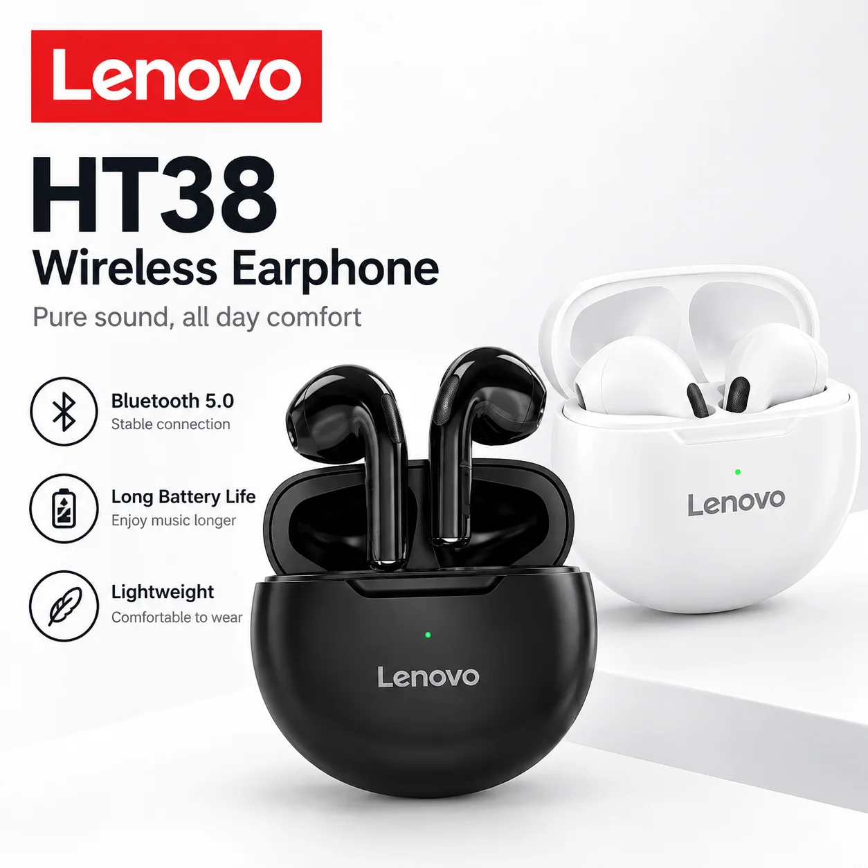 Lenovo HT38 TWS Sport Earphones Mini Wireless Bluetooth Headset, HiFi Stereo Bass Fast Charging Case Sweatproof Running Earbuds