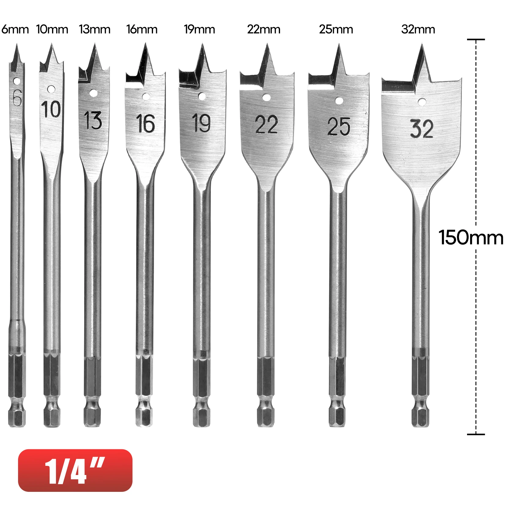 SHALL 8-Piece Spade Drill Bit Set with Pouch High-carbon Steel Wood Flat Drill Set 6-32mm Metric Paddle Flat Bit Set