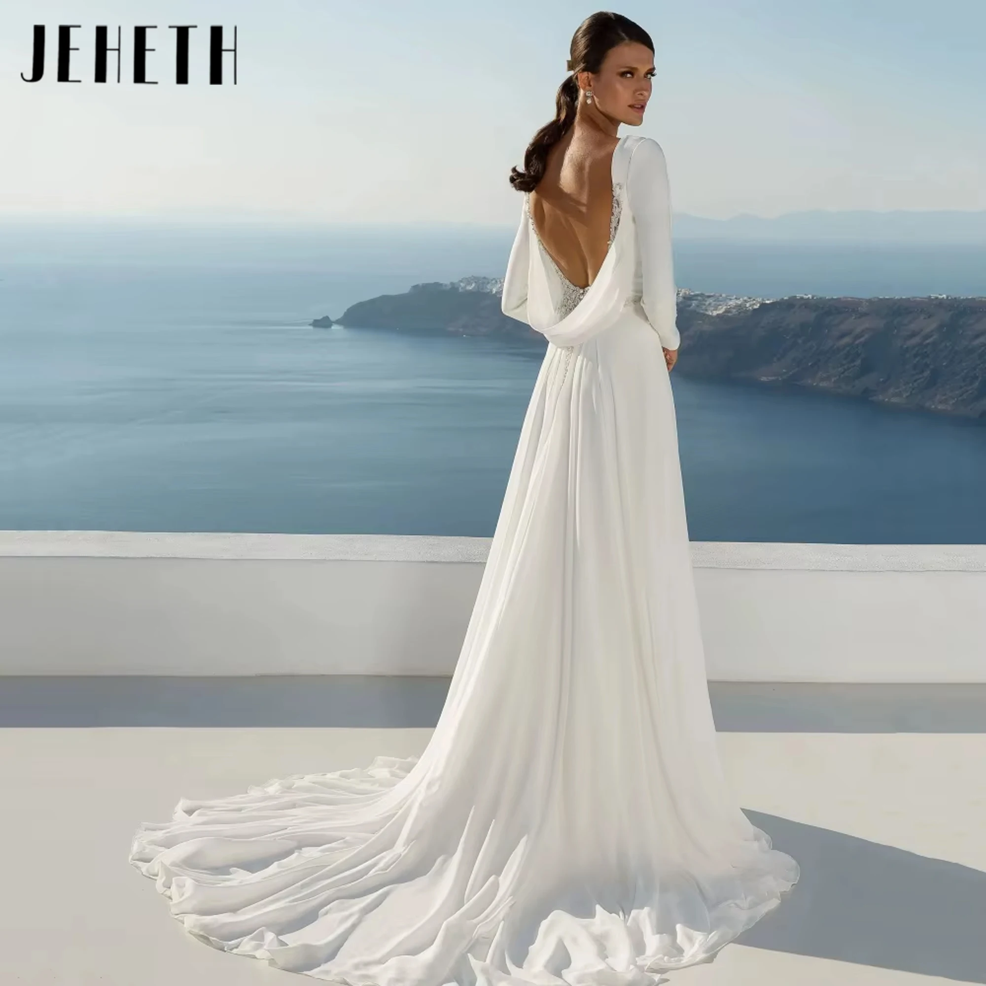 JEHETH Elegante A-Linie Kundenspezifische Brautkleider Lange Ärmel Kristall Brautkleid Rückenlose Appliques Kleider Neue Vestidos De Novia JEHETH Elegante A-Linie Kundenspezifische Brautkleider Lange