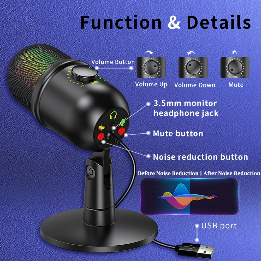 Конденсаторный микрофон Lewinner V5, USB-микрофон для студийной видеосъемки в реальном времени, с шумоподавлением, подходит для ПК, iPhone, Youtube, игр в прямой поставке