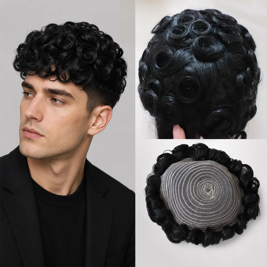 メンズ1bブラックスパイラルカール人毛ヘアピース機械製レースベースナチュラルカーリーヘア交換システム