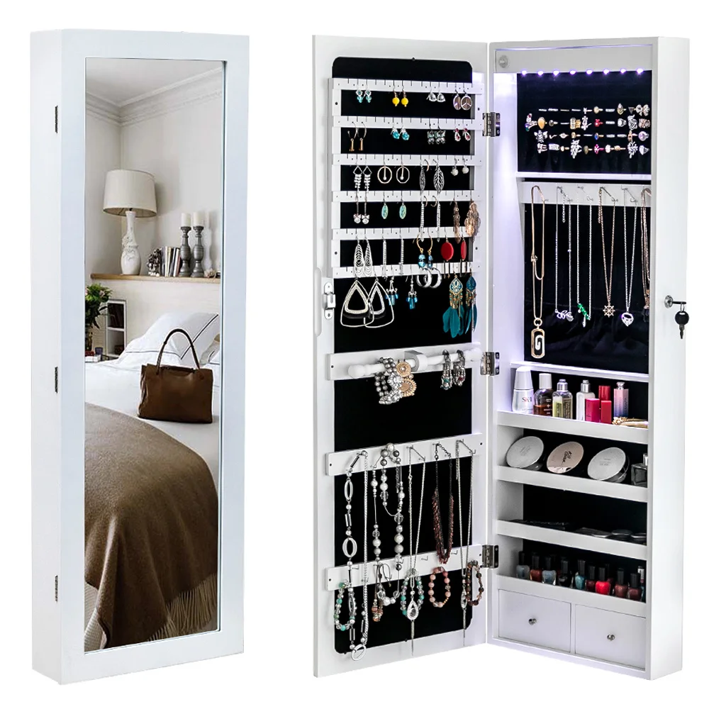 Mirror Jewelry Box with led Light Wall set organization with Secure close Hanging for Door Mirror and Compartments