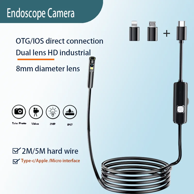 2MP 8mm Industrial Endoscope 3 in 1 Micro USB Type-C Dual Camera for iOS/iPhone/Android Phone Waterproof Pipeline Inspection Bor