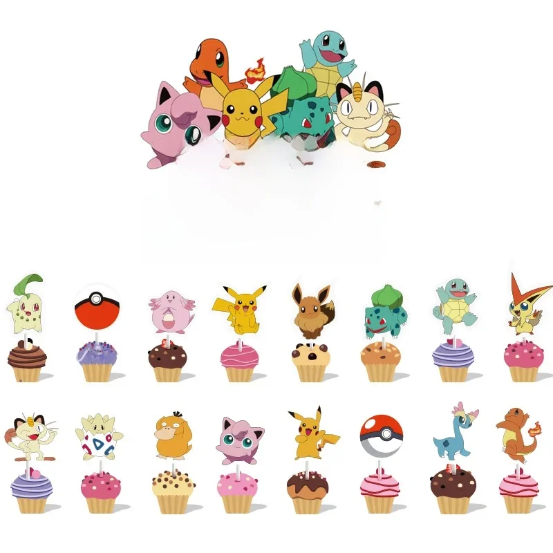 Décoration de gâteau Pikachu, 1 pièce + 12 pièces, décoration de fête Pokemon, gobelets à gâteaux en papier, emballages de doublure de Cupcake, boîtes à muffins de cuisson
