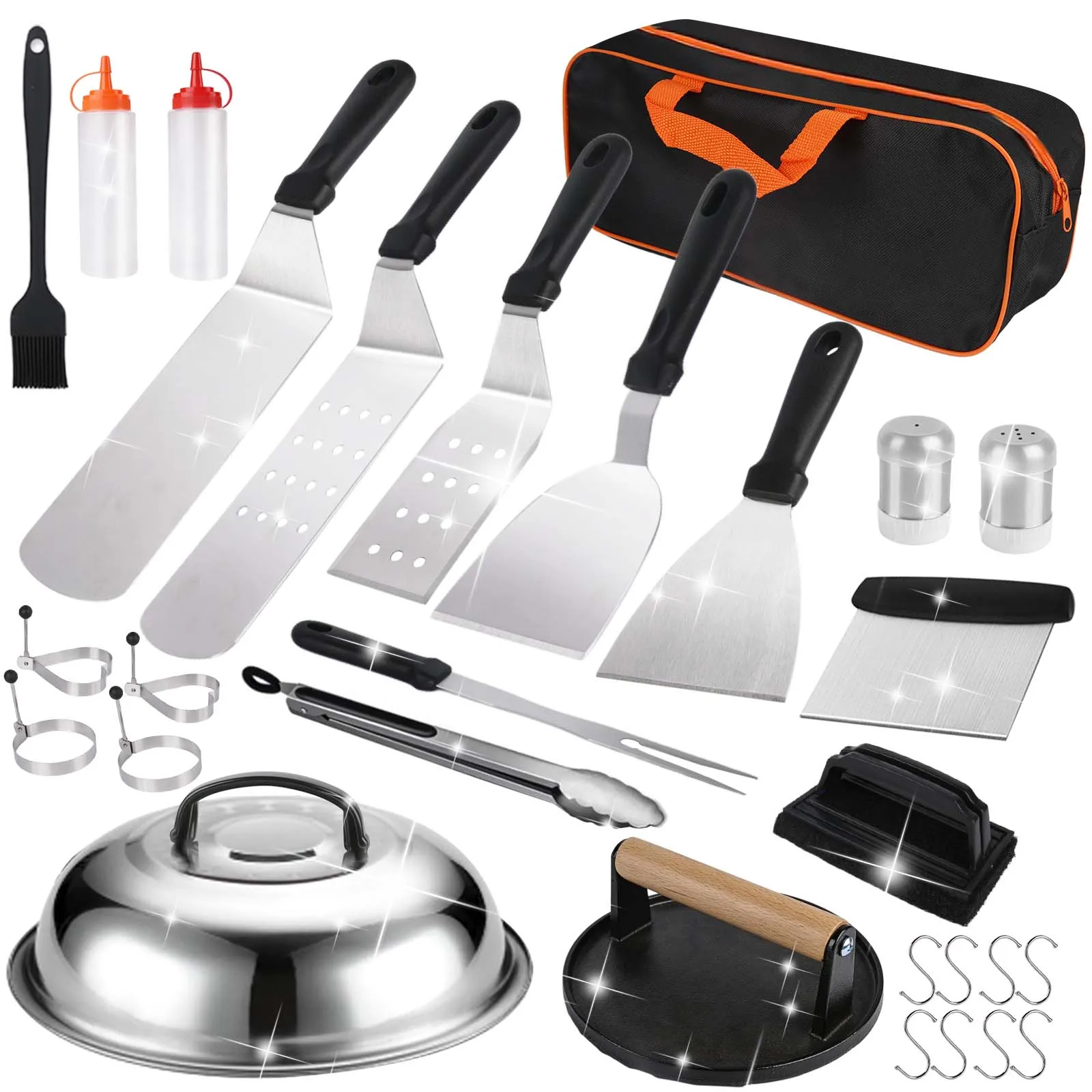 Ensemble d'ustensiles de barbecue 29 pièces, accessoires de grillade avec presse à burger, spatule de barbecue, cloche à burger en acier inoxydable, accessoires pour plancha