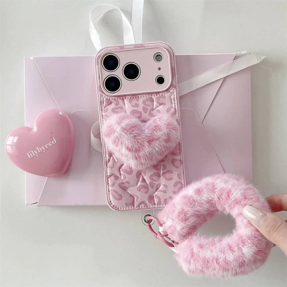 

New luxury leather plush heart-shaped strap hanging rope suitable for iPhone 17 Pro/13/14/15/16 Pro Max anti drop version