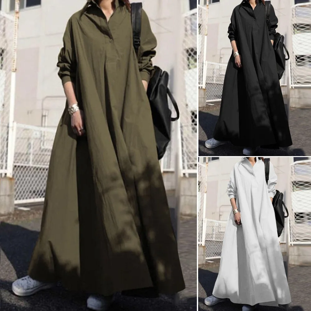 

Cotton Linen Ladies Long Sleeve Blouse Shirt Dress Vestido Spring Autumn Loose Casual Women Pullover Top Long Dress Plus Size