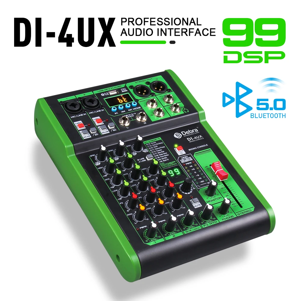 Debra Mixer Audio per Console DJ a 4 canali con riverbero digitale 99DSP Bluetooth 5.0 professionale per la registrazione di PC da palco Karaoke