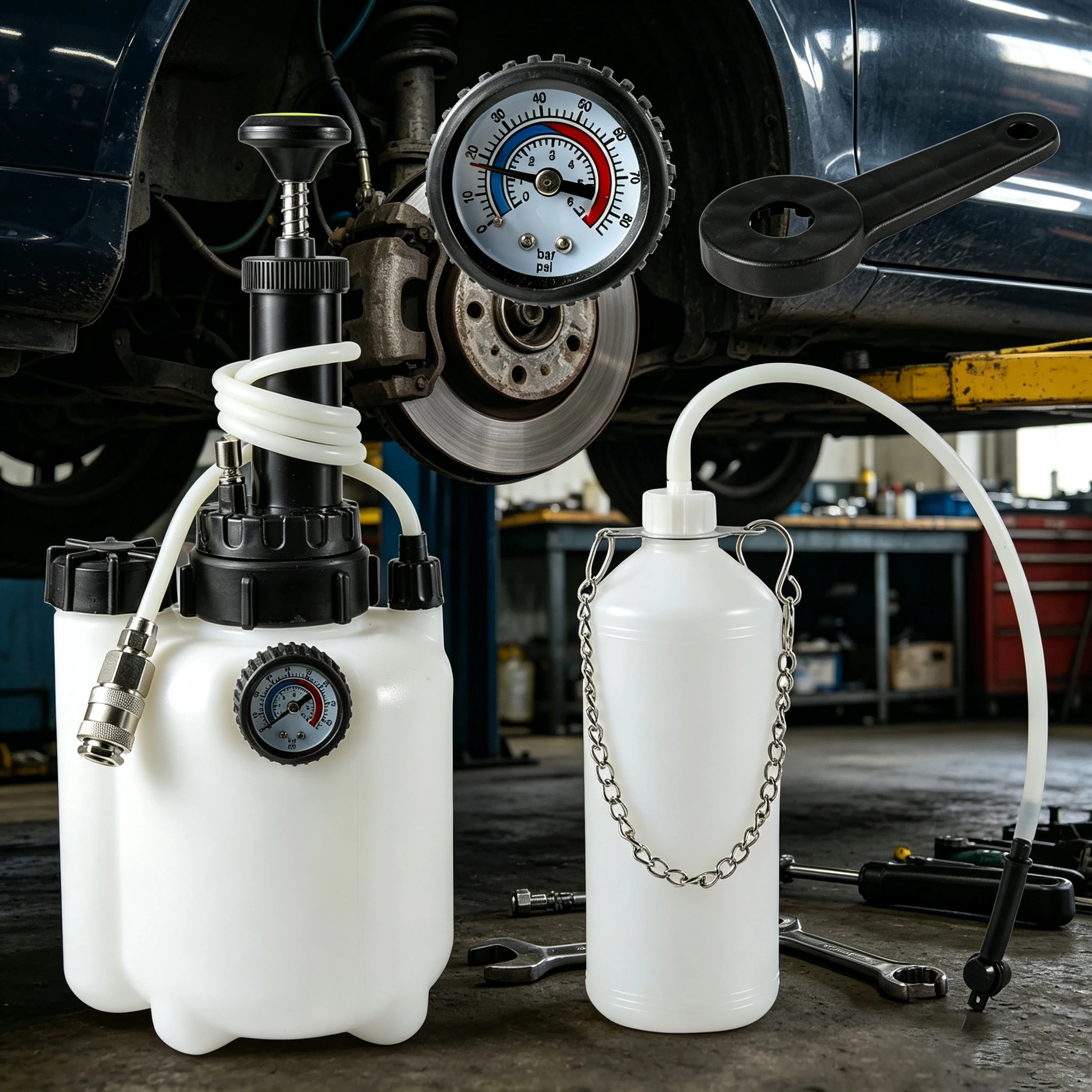 Manuelles Bremsflüssigkeits-Entlüftungsset für Autos, 3-Liter-Vakuum-Bremsflüssigkeitspumpe mit stoßfestem Manometer mit doppelter Skala für die Wartung und Entlüftung der Bremsen von Fahrzeugen.