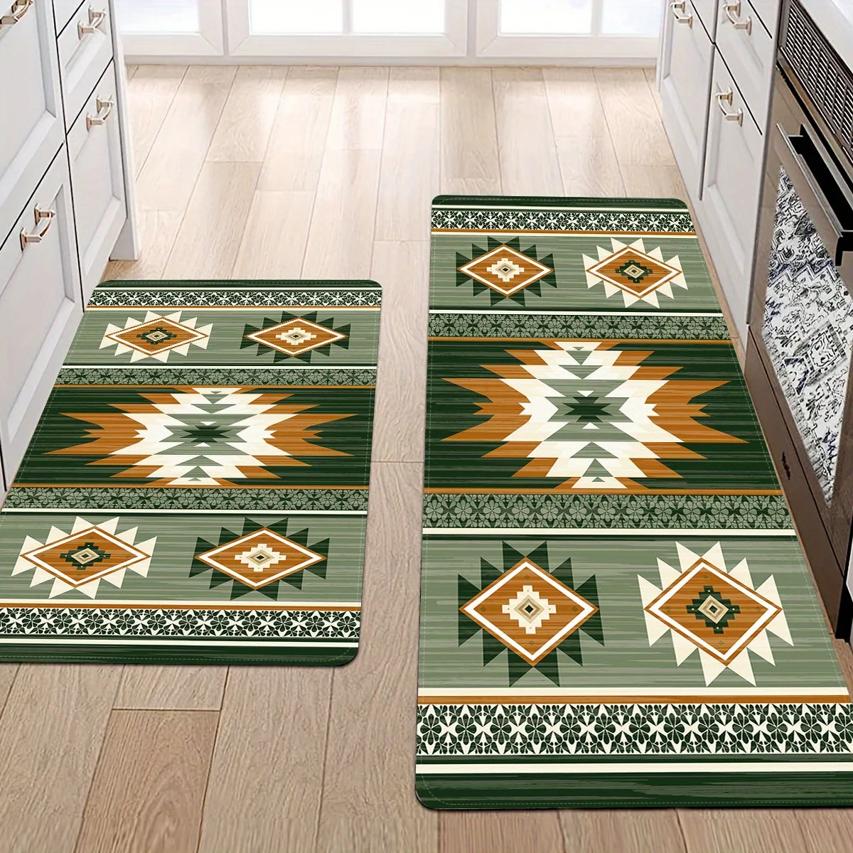 VIKAMA Grüner Vintage-Teppich, 2 Stück, Küchenteppich, weiche Fußmatte, Willkommensmatte, Badezimmermatte, Teppich für Wohnzimmer, warmer Teppich für Schlafzimmer, Zuhause