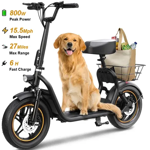 G-CYCLE Electric Scooter With Seat Z14 800W Peak Motor, 27 Miles Range, 15.5 MPH Top Speed, Dual Brakes & Suspension, 14” Tires, LCD Display, Foldable with Seat and Basket