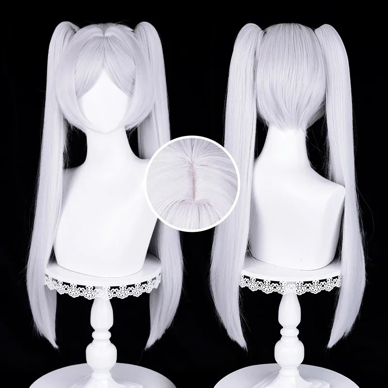 Anime Frieren Cosplay Perücke 68 cm Silber Weiß Zwei Pferdeschwänze Hitzebeständiges Kunsthaar + Perückenkappe