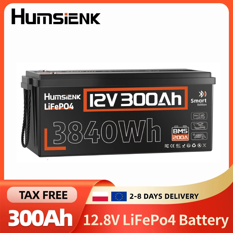 Batteria al litio ferro fosfato LiFePO4 Humsienk 12V 300Ah, monitor Bluetooth, BMS integrato da 200A, 3840Wh, oltre 6000 cicli profondi, ampia gamma di temperature per camper, pesca, accumulo di