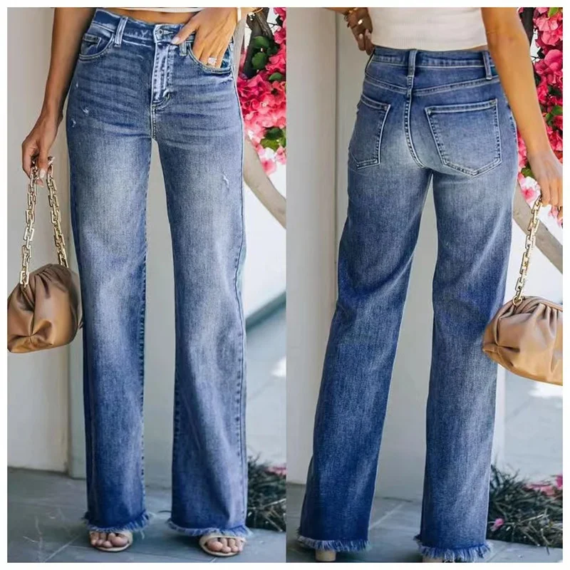 2023 Spring New Women\'s Mid Waist Loose Jeans Fashion Raw Edge Denim Straight Leg Pants Casual Female Trousers S-2XL