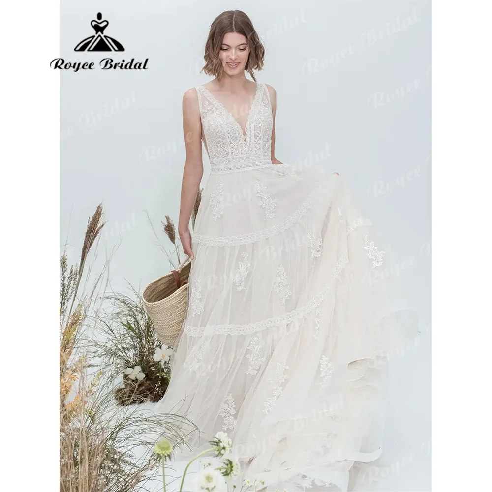 V Neck Lace Appliques Women Backless Wedding Dress for Women 2024 Sleeveless Bridal Gown Custom Made vestidos de novia bohemio