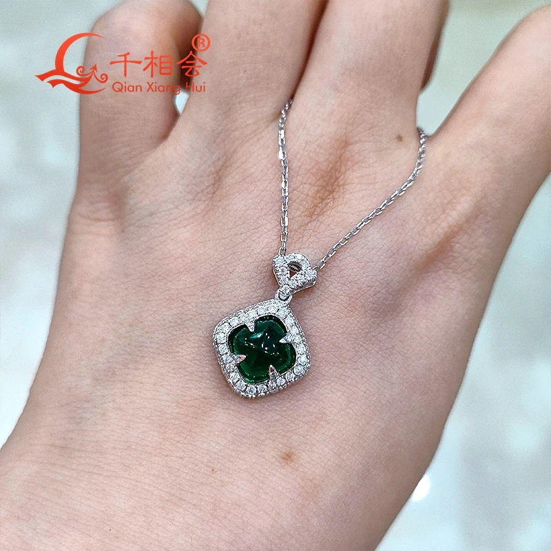 

Sugar-loaf 8mm 925 silver green color emerald pendant Created Hydrothermal Emerald with melee white moissanite for Wedding