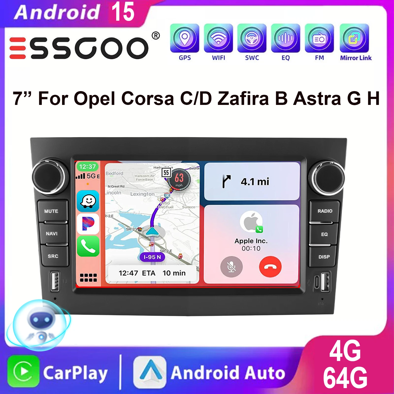 ESSGOO 64 GB 7 Zoll IPS Touchscreen Android 15 Für Opel Corsa C/D Zafira B Astra G H Wireless Carplay Android Auto Autoradio GPS Navigation WIFI Lenkradfernbedienung Bluetooth Spiegellink FM USB