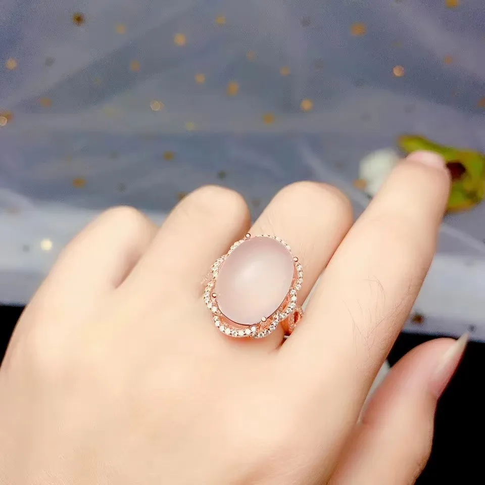 Natural High Quality Pink Big Rose Quartz Gemstone Fine Jewelry Set 925 Pure Silver Necklace and Ring Suit for Women