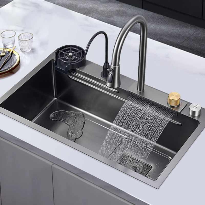 

304 Stainless Steel Kitchen Sink Waterfall Pullout Faucet Single Bowl Cup Washer Hot Cold Washing Basin Cabinet Accessories