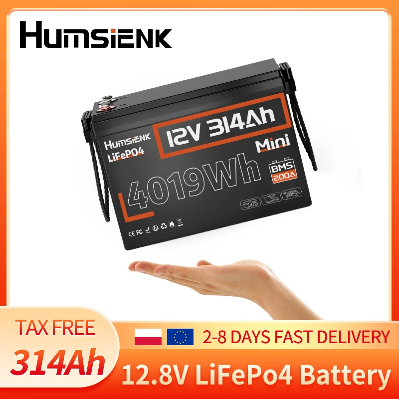 Humsienk LiFePO4 Batterie 12V 314AH 200A Mini-Größe Wiederaufladbare Batterie mit Tiefentladezyklus Perfekt für Stromversorgung zu Hause / im Freien