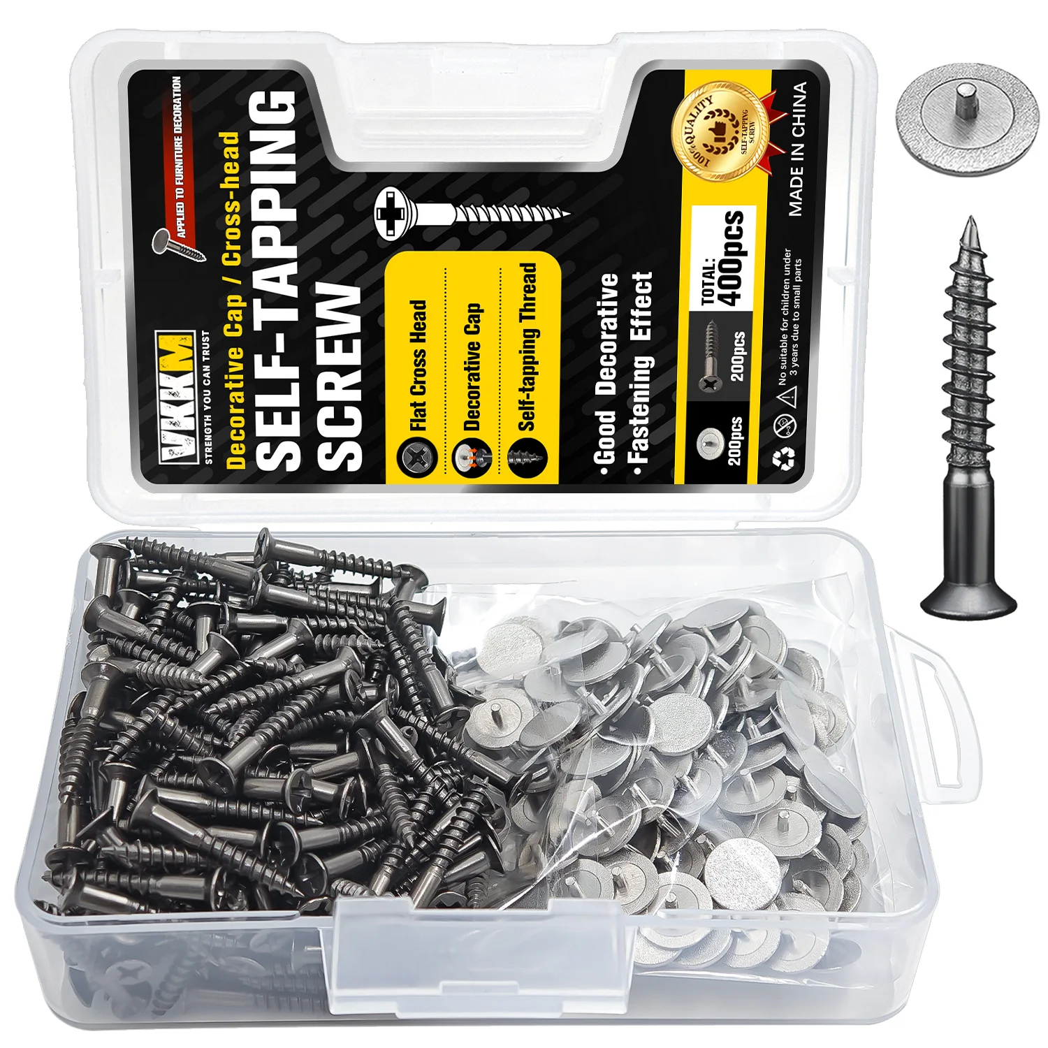 VKKM 400Pcs Furniture Cross Flat Head Self Tapping Wood Screws with 200Pcs Decorative Cover Caps, Phillips Drive Fasteners for Cabinet Wardrobe Wooden Furniture DIY Woodworking Projects