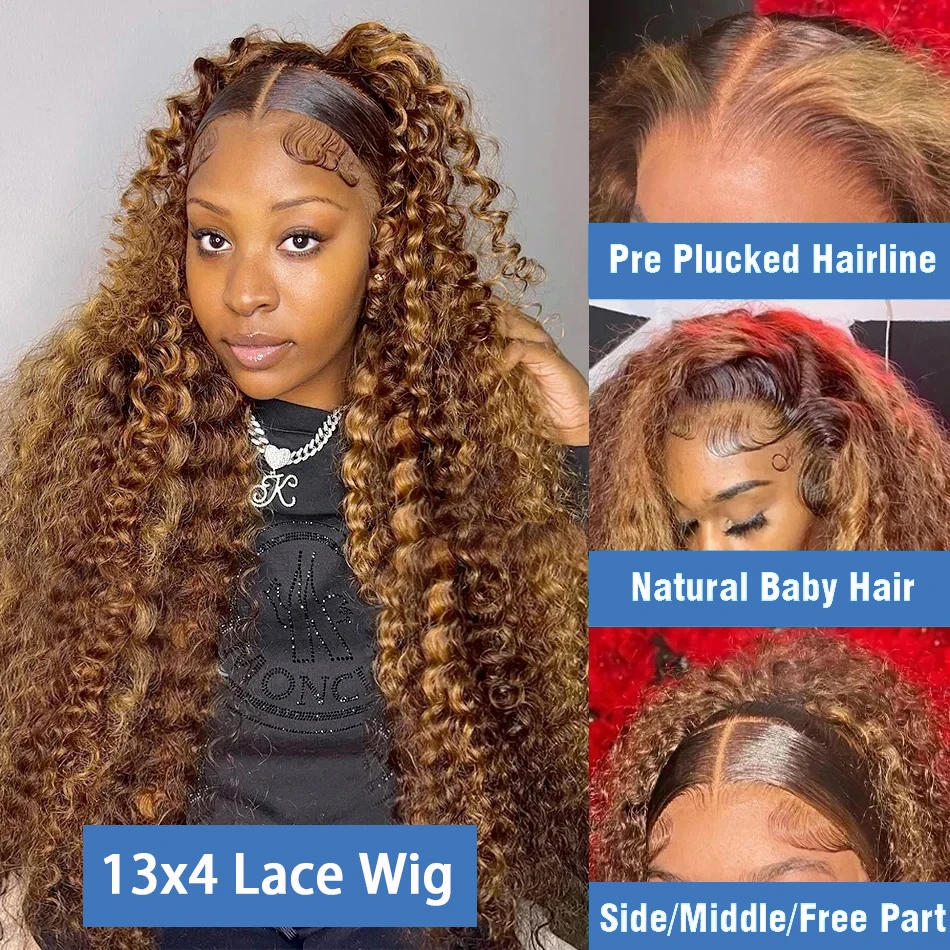 Ombre Deep Wave Lace Frontal Wig para Mulheres, perucas de cabelo humano brasileiro, destaque encerramento perucas, 13x4, 4/27, 30 Polegada