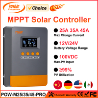 PowMr Choice 25A 35A 45A MPPT Solar Charge Controller Blacklight LCD Regulator 100VDC Soalr Panel for 12V/24V Lithium Battery