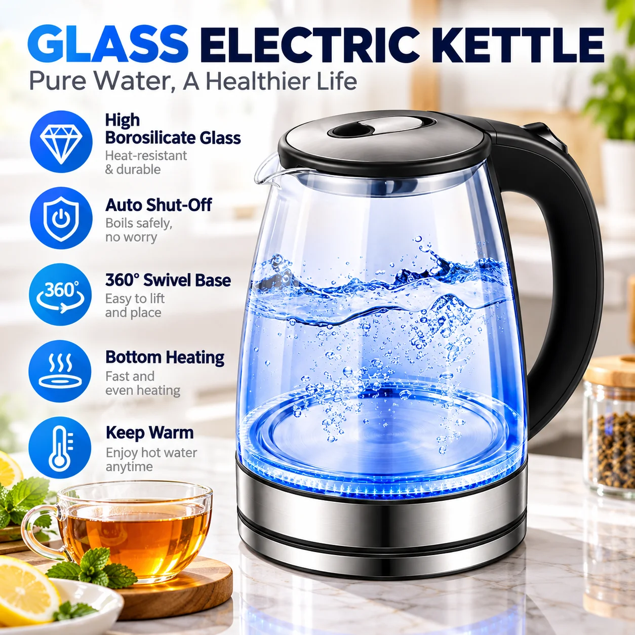 Glass Electric Kettle High Borosilicate Stainless Steel Heating Plate 360 Swivel Base for Tea Coffee Top Rated 2026