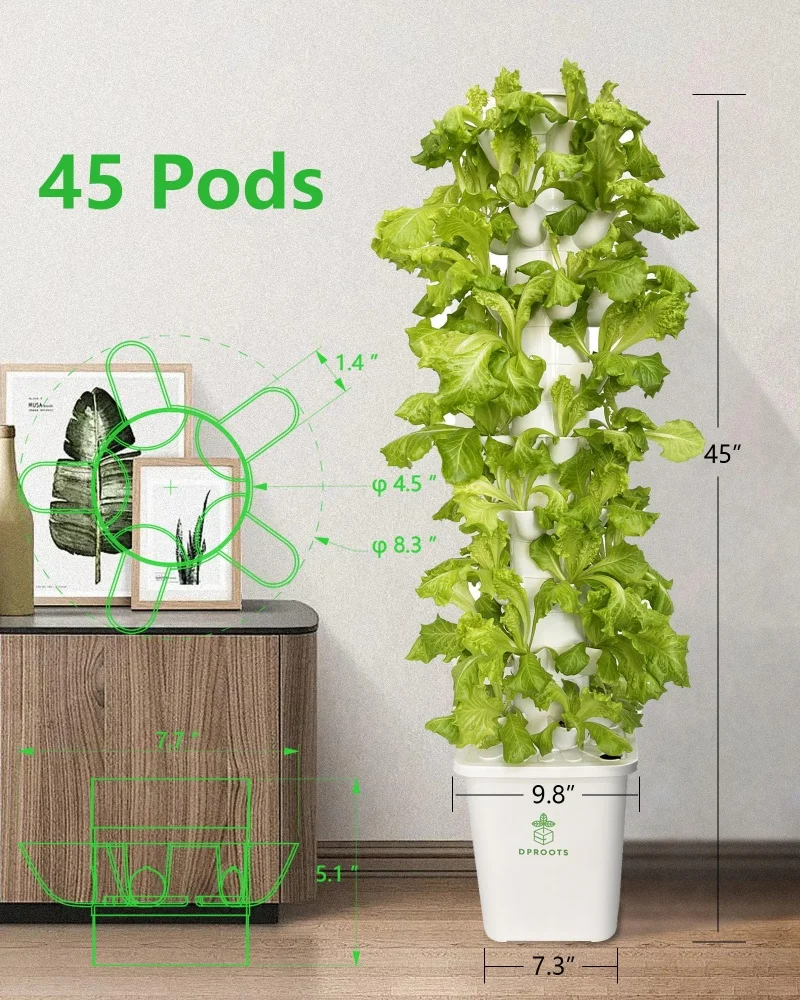 45 Pods Hydroponic Tower Growing System Vertical Indoor Greenhouse Garden Auto Timer Water Circulation for Herbs Vegetables