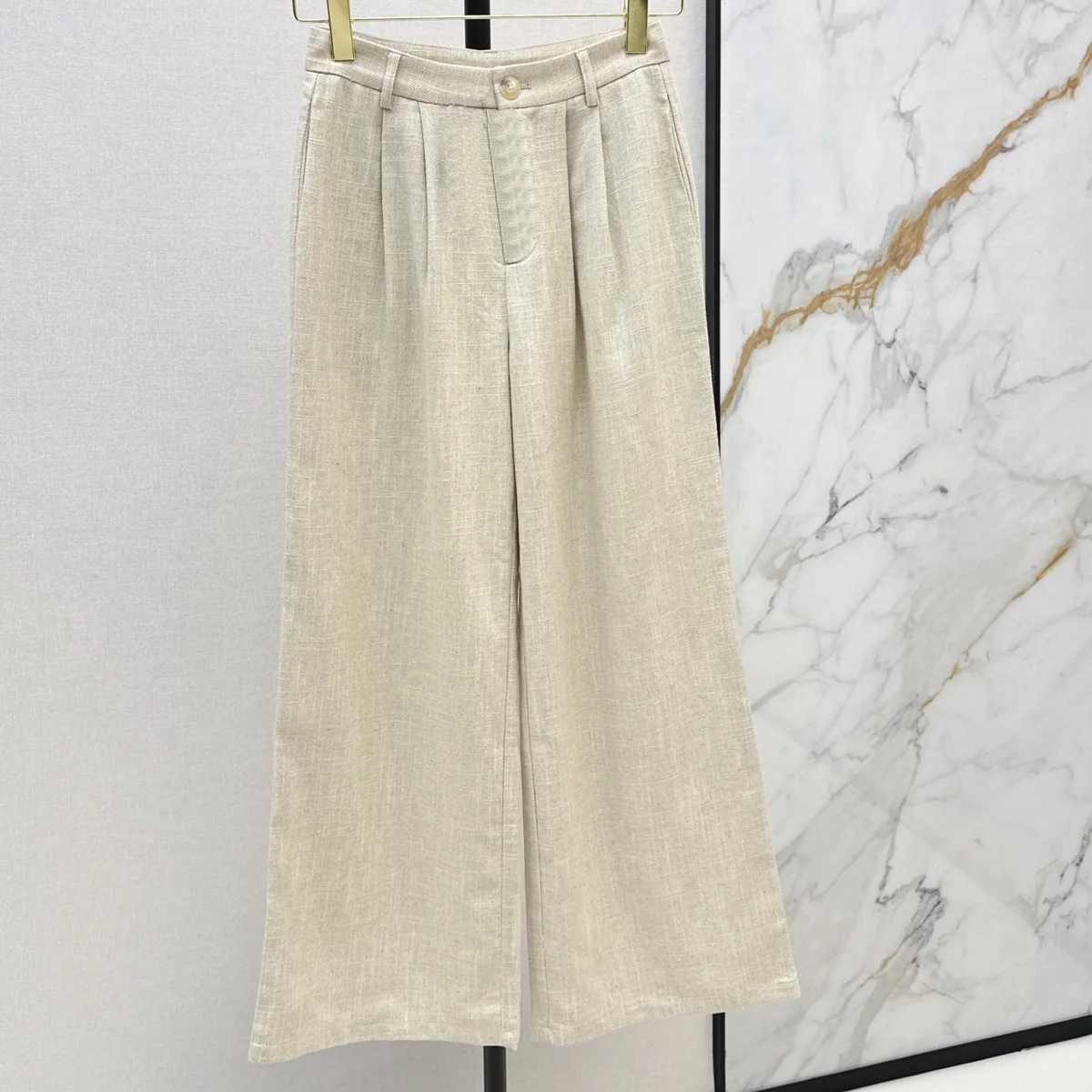 High Quality Women Beige Wide Leg Pants High Waist Front Pleated Button Zipper Ankle Length Casual Trousers lyt2672696